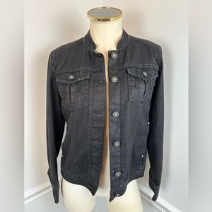 CHICO’S Black Sheen Denim Jacket Silver Jeweled Button Accents | Size 0 (S/4)